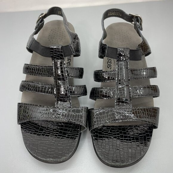 SAS Allegro Sandals Croc Embossed Leather Comfort Strappy Black Womens 10 Wide - Picture 6 of 14